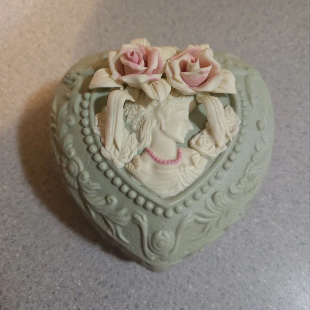 Vintage Victorian Cameo Trinket Box, Sage Green And Ivory Matte, Vanity Decor